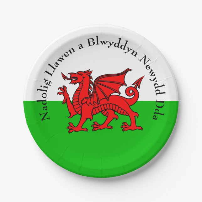 Edit Text Welsh Flag Red Dragon Christmas  7" Paper Plates (Front)
