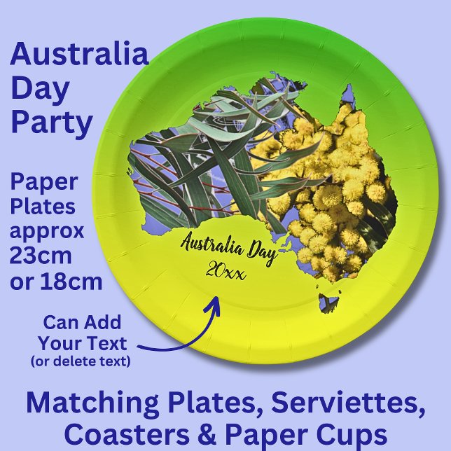 Edit Text Year, Australia Day Gum Leaf Wattle 9" Paper Plates (Creator Uploaded)