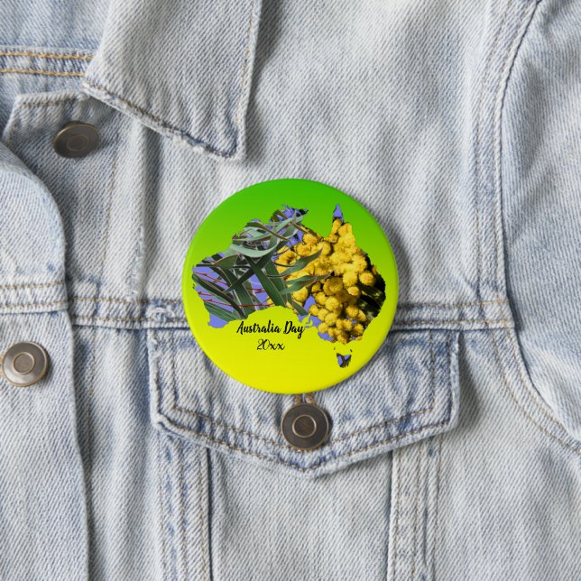 Edit Text Year Australia Day Gum Leaf Wattle Badge Button (In Situ)