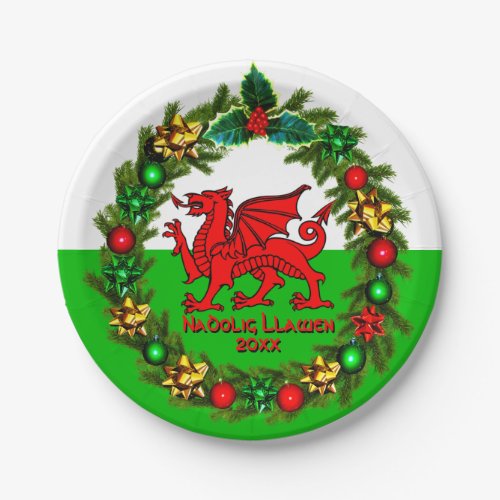 Edit Text Year Welsh Flag Red Dragon Christmas  7 Paper Plates