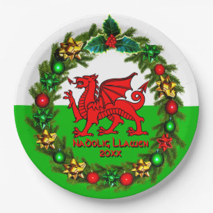 Edit Text Year Welsh Flag Red Dragon Christmas 9" Paper Plates