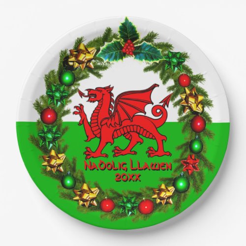 Edit Text Year Welsh Flag Red Dragon Christmas  9 Paper Plates