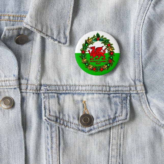 Edit Text Year Welsh Flag Red Dragon Christmas  Button (In Situ)