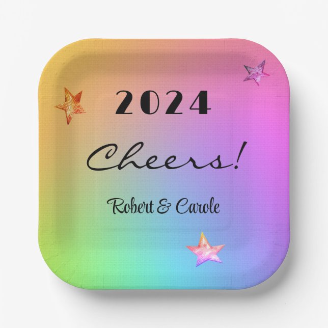 Edit YEAR, Cheers Gradient Rainbow 7-in Square Paper Plates (Front)