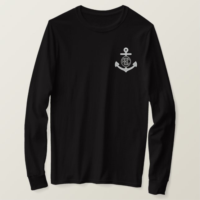 Edit Your Nautical Monogram Anchor 123 Characters Embroidered Long Sleeve T-Shirt (Design Front)
