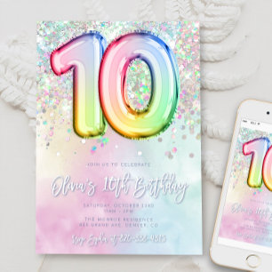 Editable 10th Birthday Invitation Template Rainbow