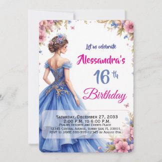 Editable 16th Blue Gown Floral Elegant Birthday Invitation