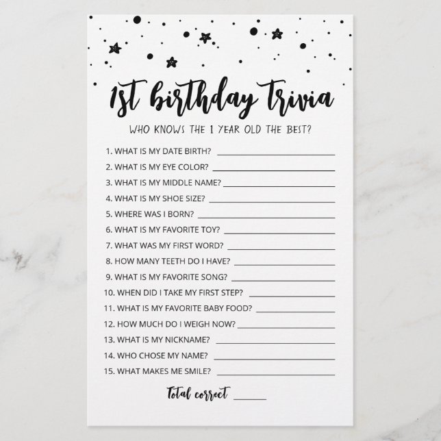 Editable 1st Birthday trivia Birthday party game (Front)