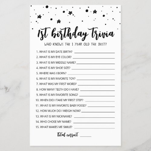 Editable 1st Birthday trivia Birthday party game