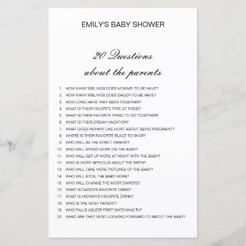 Editable 20 Questions about Parents Baby Shower