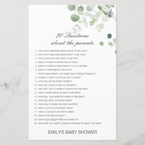 Editable 20 Questions about Parents Baby Shower