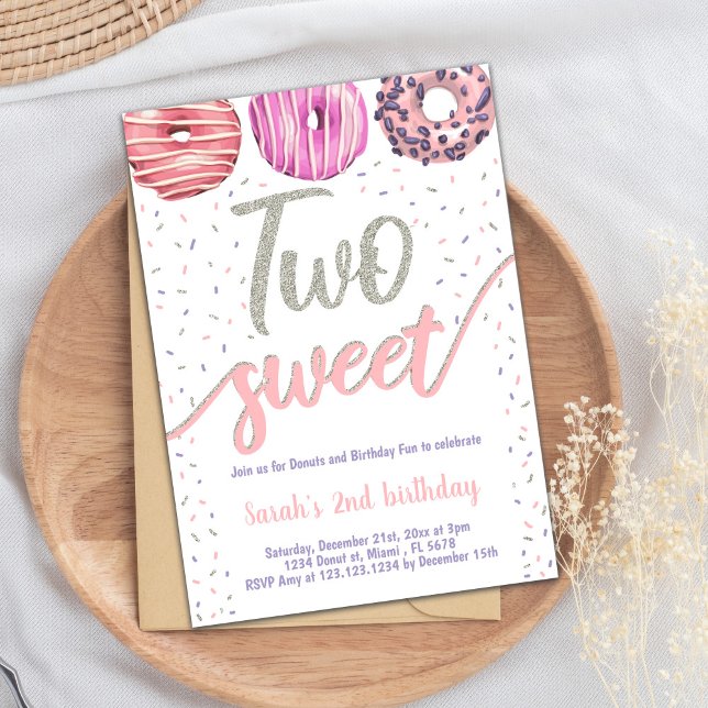 Editable 2nd Birthday Party Invite (Two Sweet Silver Donut Birthday Invitations)