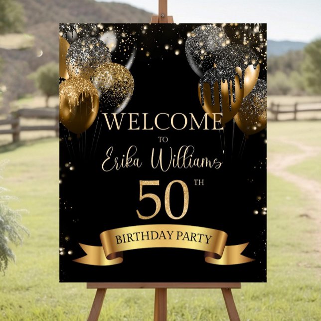 Editable 50th Birthday Welcome sign: Black Gold  Foam Board (Creator Uploaded)
