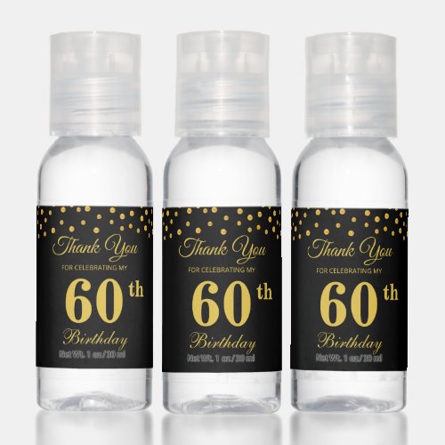 Editable 60th Birthday Party Favor in Black  Gold Hand Sanitizer