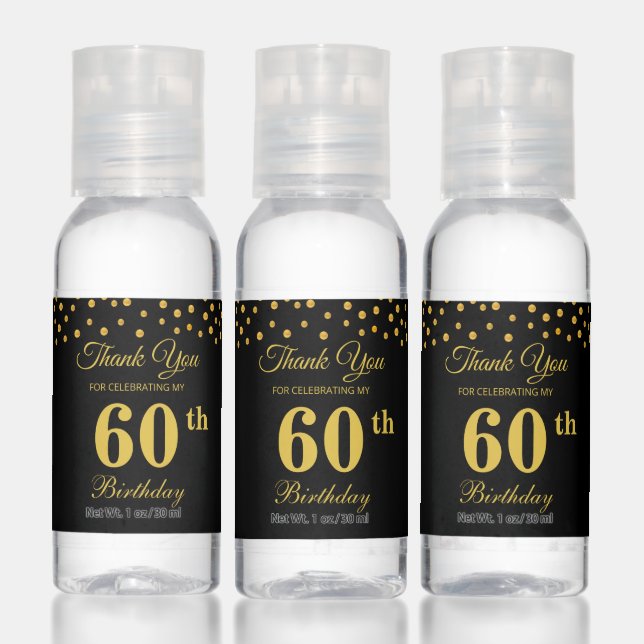 Editable 60th Birthday Party Favor in Black & Gold Hand Sanitizer (Set)