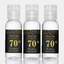 Editable 70th Birthday Party Favor in Black & Gold Hand Sanitizer