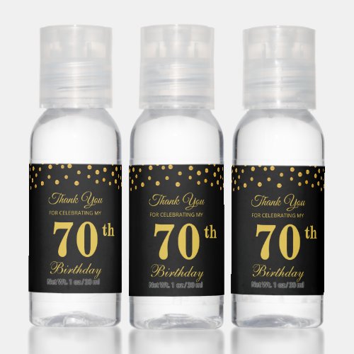 Editable 70th Birthday Party Favor in Black  Gold Hand Sanitizer