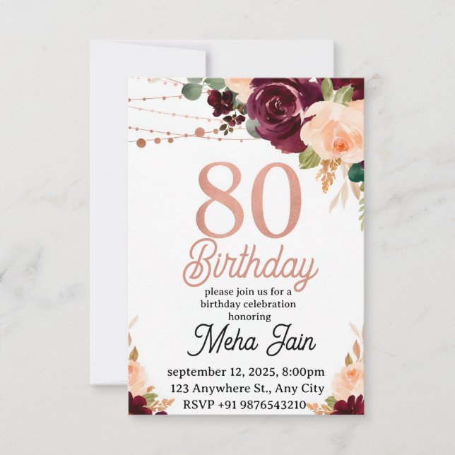 Editable 80th Birthday Invitation for Women Rose (Front)