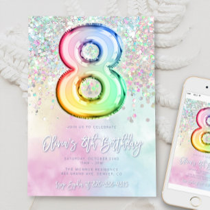 Editable 8th Birthday Invitation Template Rainbow