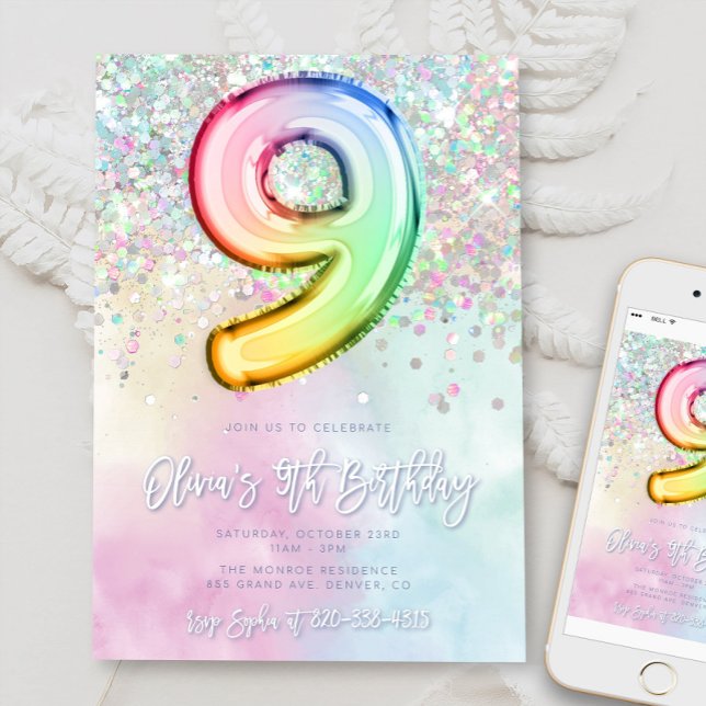 Editable 9th Birthday Invitation Template Rainbow  (Creator Uploaded)