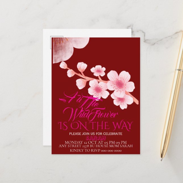 Editable A Little Wildflower Baby Shower Invitatio Announcement Postcard (Front/Back In Situ)