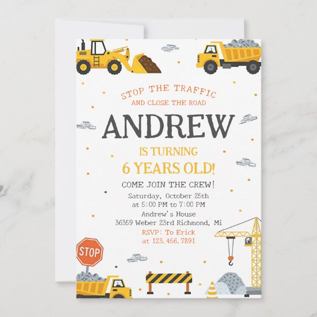Editable A Modern Construction Birthday Party Invitation (Front)