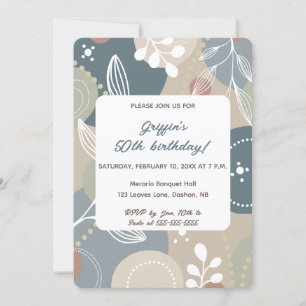 Editable Abstract Blue and Beige Leaves Birthday Invitation