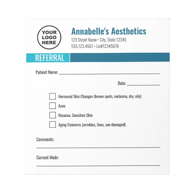 Editable Aesthetics Referral Notepad (Front)