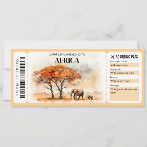 Editable Africa Boarding Pass Plane ticket Invitation