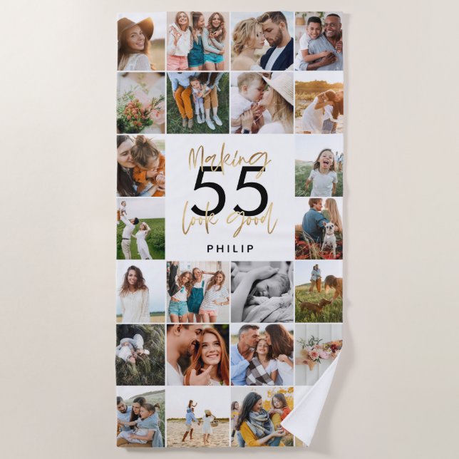 editable age chic birthday multi photo script gift beach towel (Front)