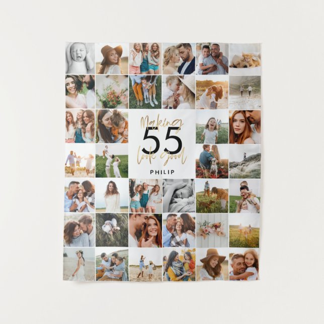 editable age chic birthday multi photo script gift tapestry (Front)