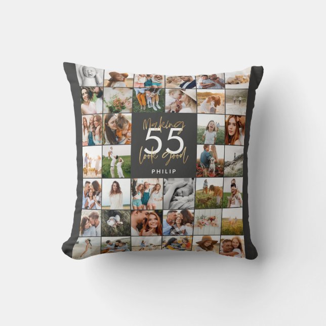 editable age chic birthday multi photo script gift throw pillow (Front)