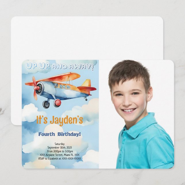 Editable Airplane Birthday Party Photo Invitation (Front/Back)