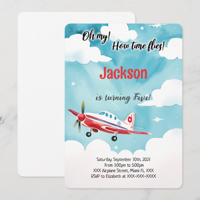 Editable Airplane Kids Birthday Party Invitation (Front/Back)