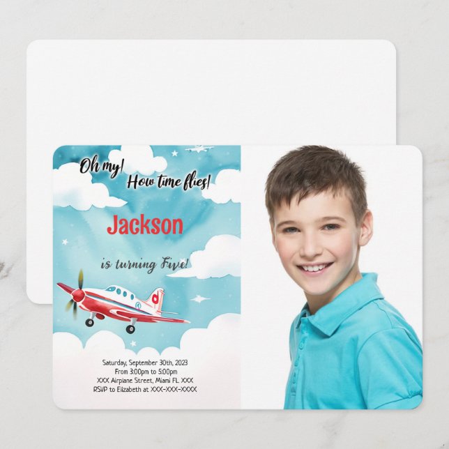 Editable Airplane Kids Birthday Party Photo Invitation (Front/Back)