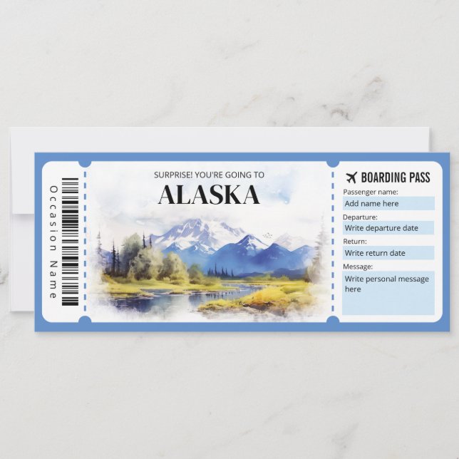 Editable Alaska Boarding Pass Plane ticket Invitation (Front)