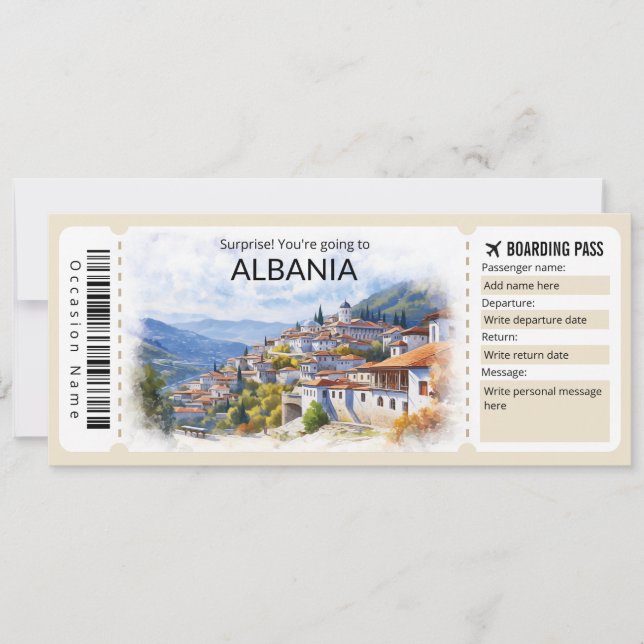 Editable Albania Plane ticket, Albania Trip Invitation (Front)
