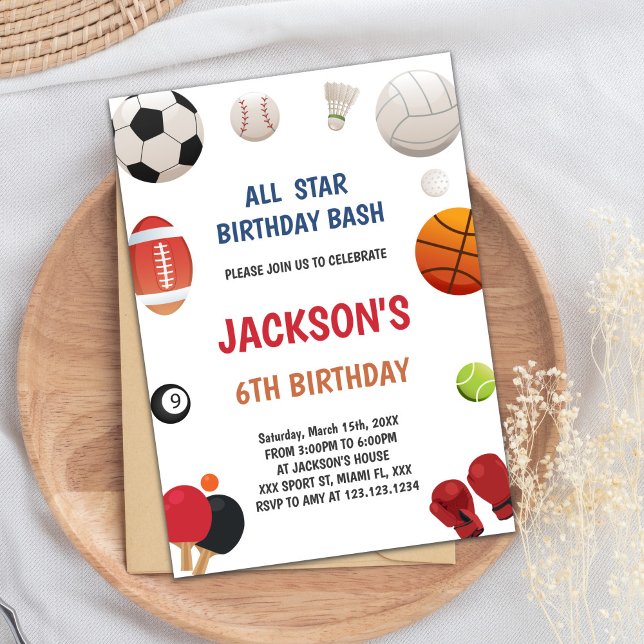 Editable All-Star Boys Athletic Party Invite (White Background Sports Invitations)