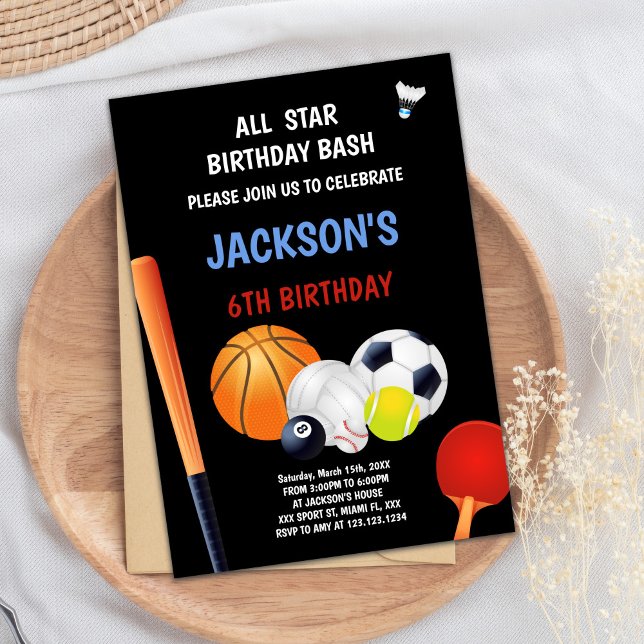 Editable All-Star Boys Athletic Party Invite (Blue White Sports Birthday Invitations)