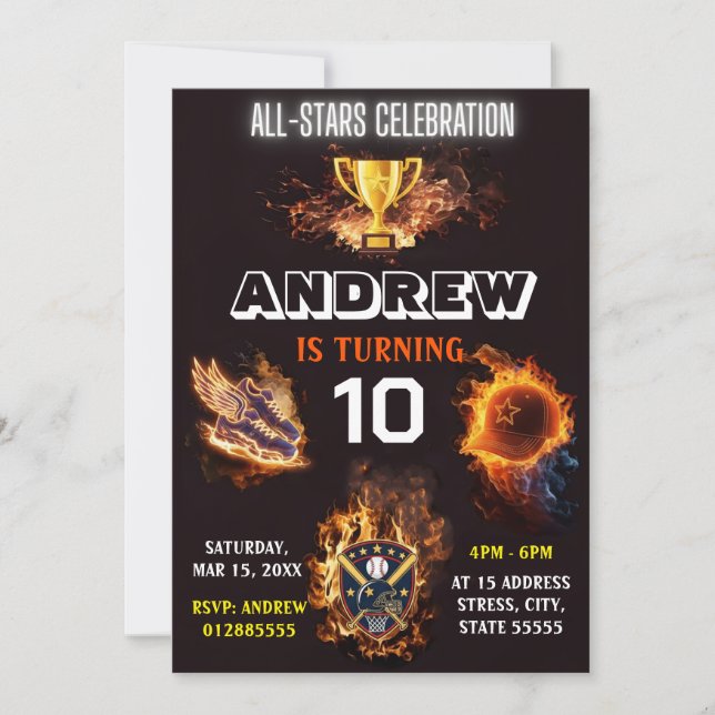 Editable All Star Sports Birthday Invitation (Front)