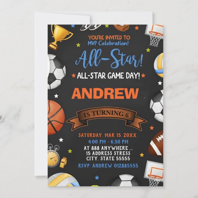Editable All Star Sports Birthday Invitation (Front)