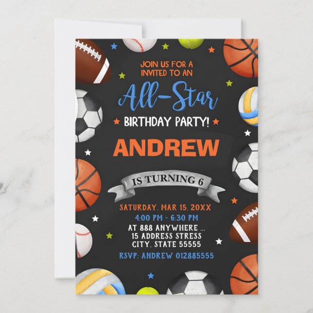 Editable All Star Sports Birthday Invitation (Front)