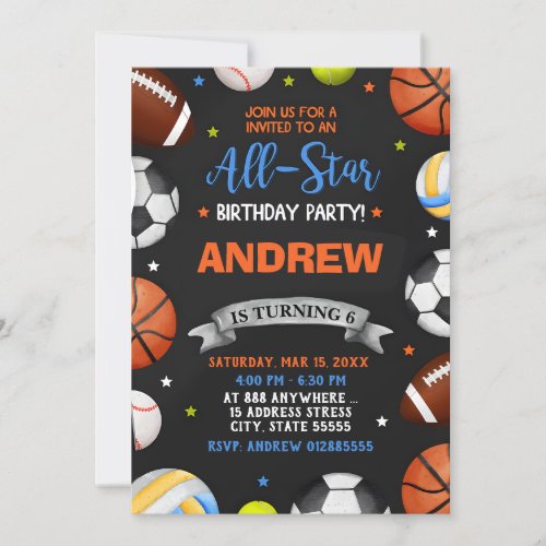 Editable All Star Sports Birthday Invitation