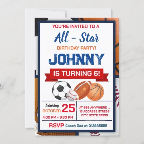 Editable All Star Sports Birthday Party Invitation