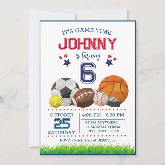 Editable All Star Sports Birthday Party Invitation (Front)