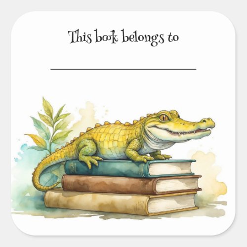 Editable Alligator and Books Bookplate Sticker