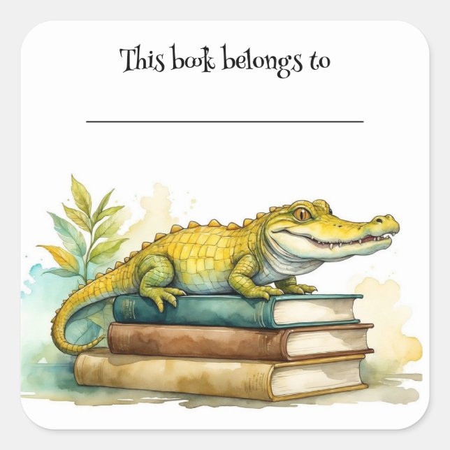 Editable Alligator and Books Bookplate Sticker (Front)