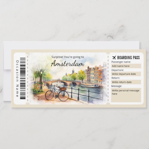 Editable Amsterdam Boarding Pass Plane ticket Invitation