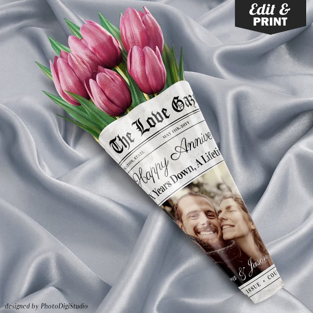Editable Anniversary Newspaper Flower Bouquet Wrapping Paper Sheets (Editable Anniversary Newspaper Flower Bouquet Wrapping Paper Sheets)