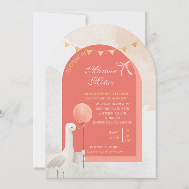 Editable Aqiqah for Baby Girl | Arch Shape Cute Go Invitation (Front)